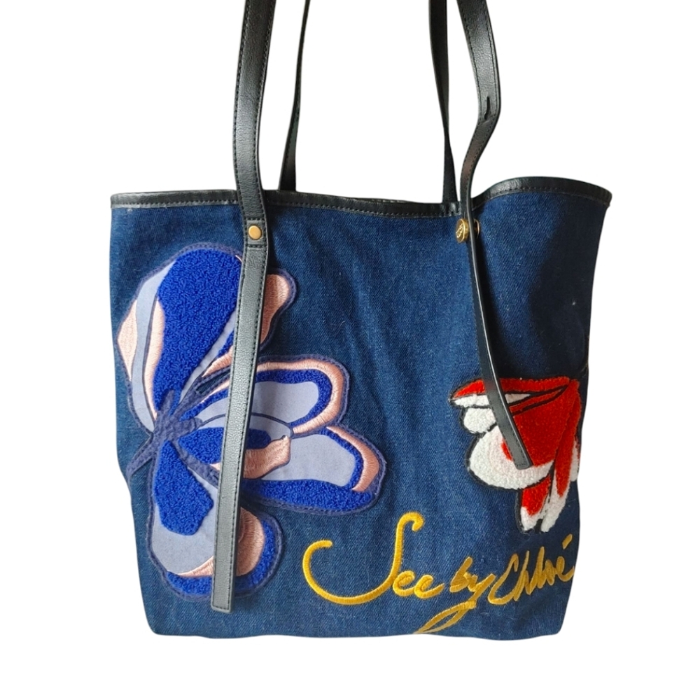 See By Chloe Denim Floral Embroidery Shoulder Tote Bag - Picture 3 of 16